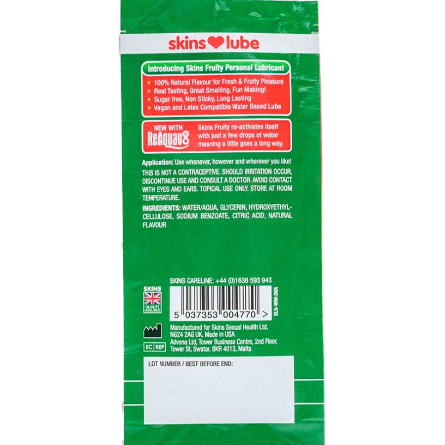 SKINS - LUBRIFICANTE FRUTTATO A BASE D'ACQUA ANGURIA MONODOSE 5 ML - SKINS | Lingerie Harness Boutique