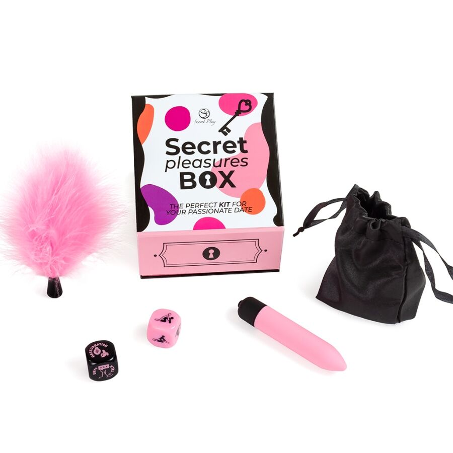 SECRET PLAY - PLEASURES BOX PER COPPIE: DADI + PROIETTILE VIBRANTE + PENNA CON PIUMA - SECRETPLAY 100% GAMES | Lingerie Harness Boutique