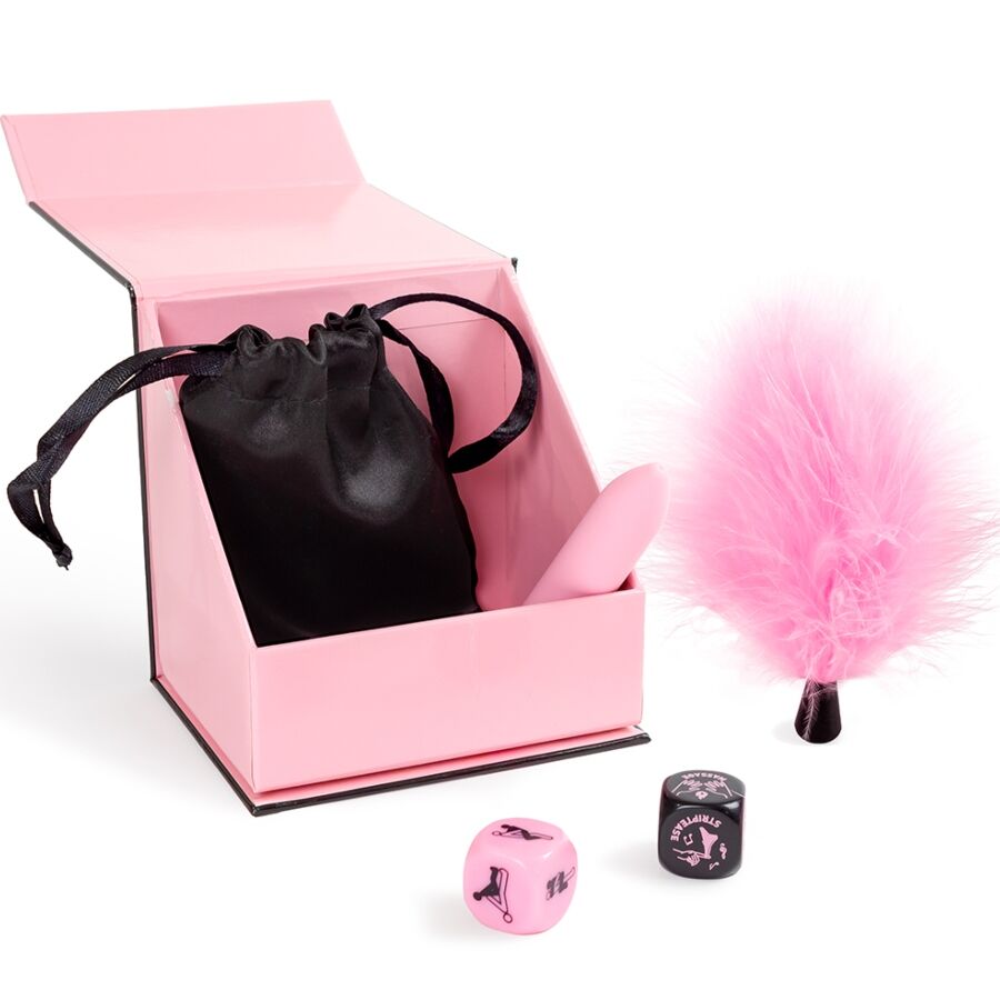 SECRET PLAY - PLEASURES BOX PER COPPIE: DADI + PROIETTILE VIBRANTE + PENNA CON PIUMA - SECRETPLAY 100% GAMES | Lingerie Harness Boutique
