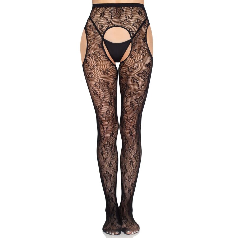 LEG AVENUE - COLLANT CON REGGICALZE BLOOM NET 1967 NERO - TAGLIA UNICA - LEG AVENUE HOSIERY | Lingerie Harness Boutique