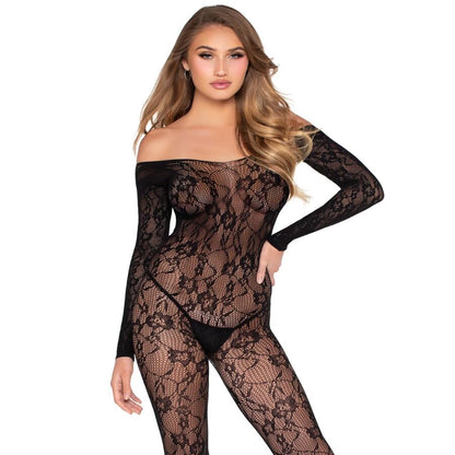 LEG AVENUE - 89366 BODYSTOCKING IN PIZZO NERO - TAGLIA UNICA - LEG AVENUE BODYSTOCKINGS | Lingerie Harness Boutique