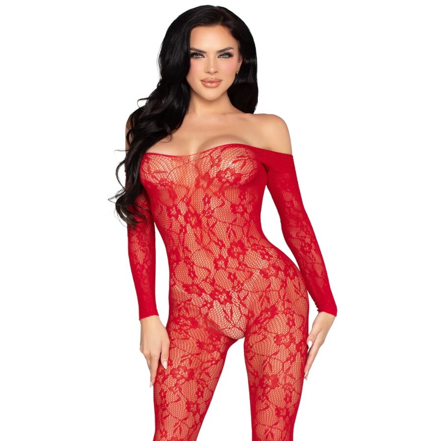 LEG AVENUE - 89366 BODYSTOCKING IN PIZZO ROSSO - TAGLIA UNICA - LEG AVENUE BODYSTOCKINGS | Lingerie Harness Boutique