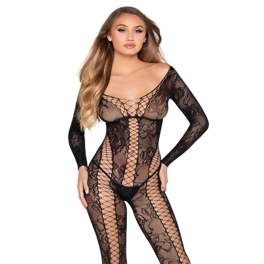 LEG AVENUE - 89369 TUTA IN RETE E PIZZO NERA - TAGLIA UNICA - LEG AVENUE BODYSTOCKINGS | Lingerie Harness Boutique