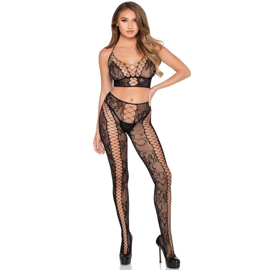 LEG AVENUE - 89368 TOP CORTO IN RETE E PIZZO E COLLANT NERO - TAGLIA UNICA - LEG AVENUE SETS | Lingerie Harness Boutique