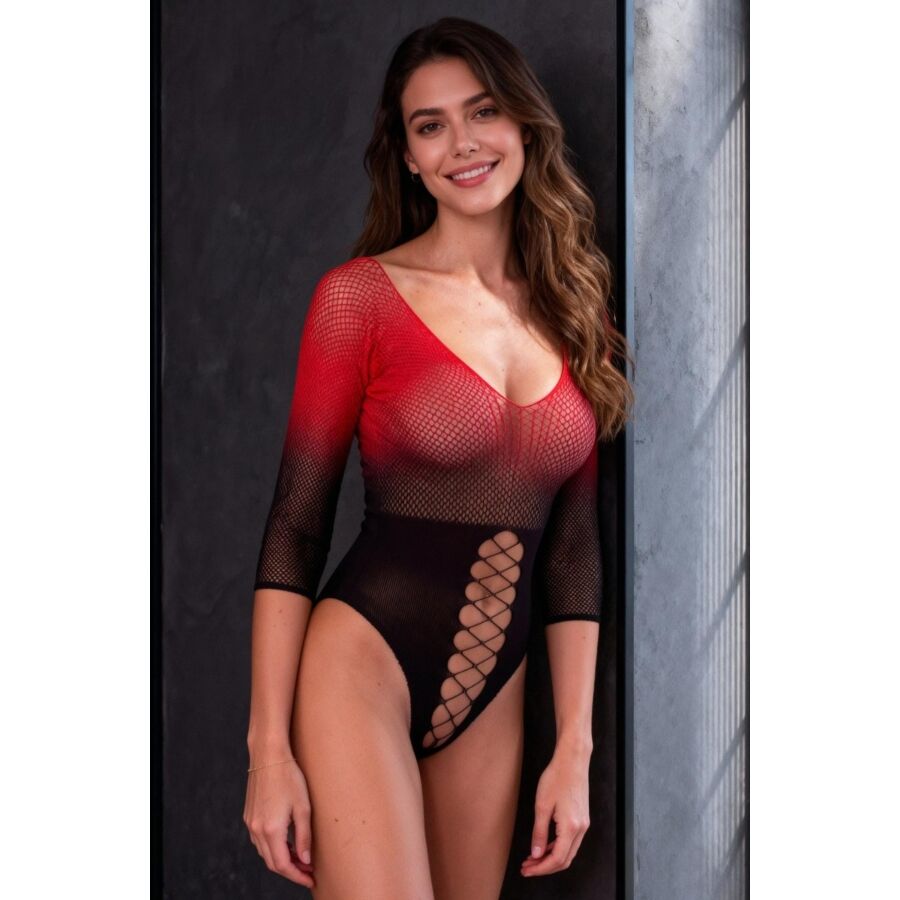 PASSION - BS118 BODYSTOCKING IN RETE NERA E ROSSA - PASSION WOMAN BODYSTOCKINGS | Lingerie Harness Boutique