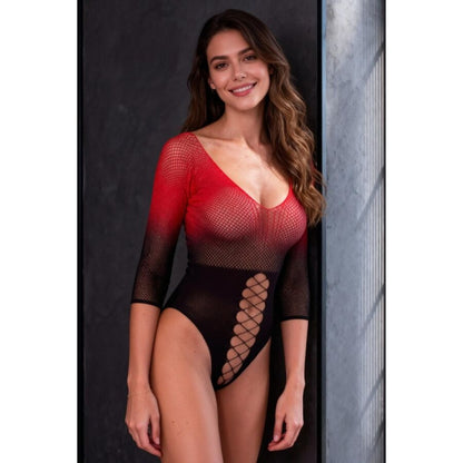 PASSION - BS118 BODYSTOCKING IN RETE NERA E ROSSA - PASSION WOMAN BODYSTOCKINGS | Lingerie Harness Boutique