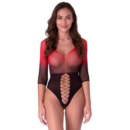 PASSION - BS118 BODYSTOCKING IN RETE NERA E ROSSA - PASSION WOMAN BODYSTOCKINGS | Lingerie Harness Boutique