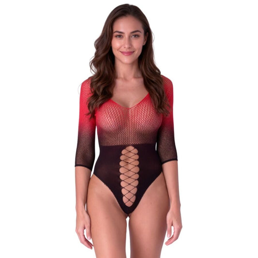 PASSION - BS118 BODYSTOCKING IN RETE NERA E ROSSA - PASSION WOMAN BODYSTOCKINGS | Lingerie Harness Boutique