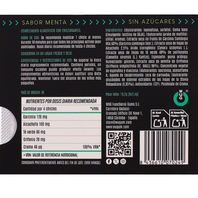 WUG DIET - BLISTER DI GOMME DA MASTICARE FUNZIONALI ALLA MENTA SENZA ZUCCHERO, 8 PEZZI - WUG GUM | Lingerie Harness Boutique