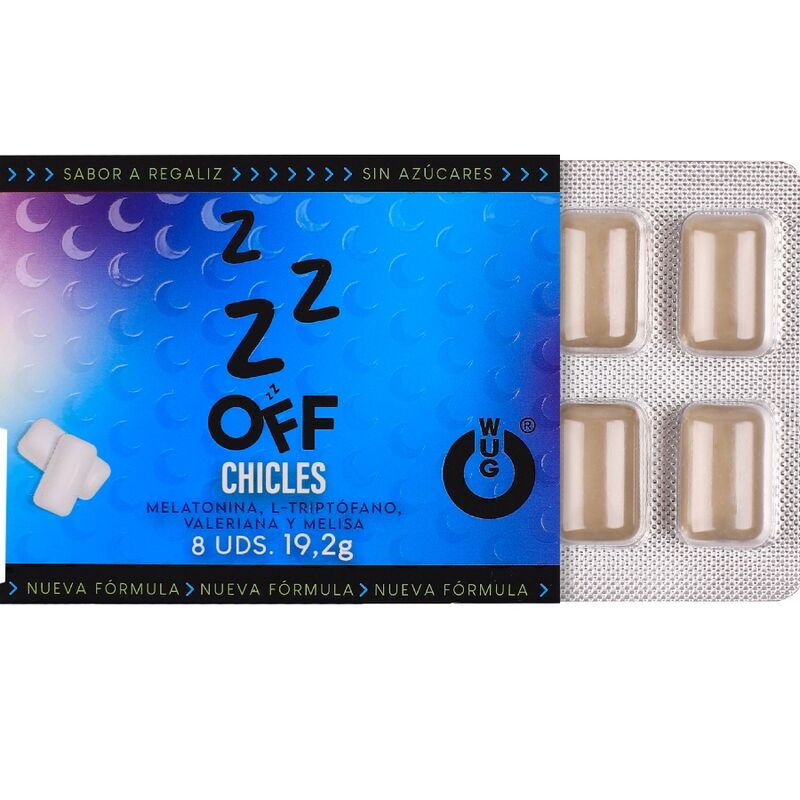 WUG OFF - GOMME DA MASTICARE AL GUSTO DI LIQUIRIZIA CON MELATONINA FUNZIONALE E VALERIANA, 8 PEZZI, IN BLISTER - WUG GUM | Lingerie Harness Boutique