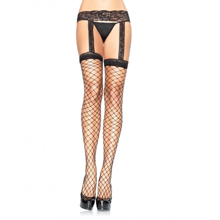 LEG AVENUE - CALZE A RETE CON REGGISERA IN PIZZO NERO - LEG AVENUE HOSIERY | Lingerie Harness Boutique