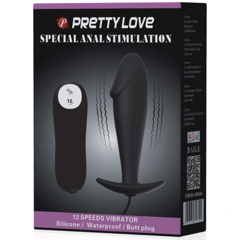 PRETTY LOVE - PLUG ANALE IN SILICONE FORMA DEL PENE E 12 MODALIT DI VIBRAZIONE NERO - PRETTY LOVE BOTTOM | Lingerie Harness Boutique