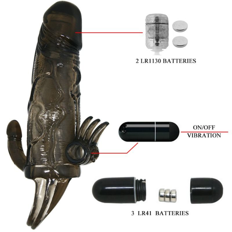 BAILE - BRAVE MAN PENIS COVER WITH CLIT AND ANAL STIMULATION DOUBLE BULLET BLACK 16.5 CM