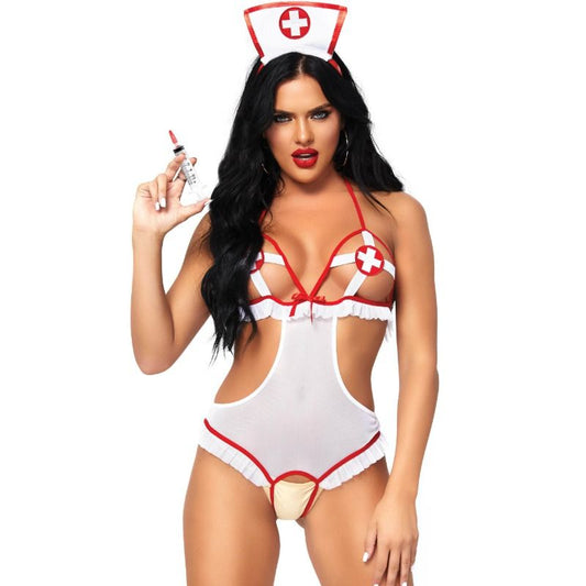 LEG AVENUE - NURSE OPEN CROTHLESS TEDDY TAGLIA UNICA - LEG AVENUE TEDDIES | Lingerie Harness Boutique