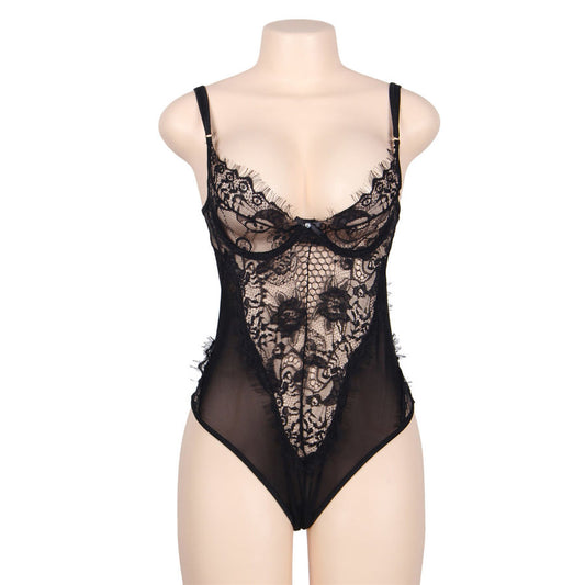 SUBBLIME - QUEEN PLUS PIZZO FLOREALE E TEDDY NERO CON FRANGE - SUBBLIME QUEEN PLUS SIZE | Lingerie Harness Boutique