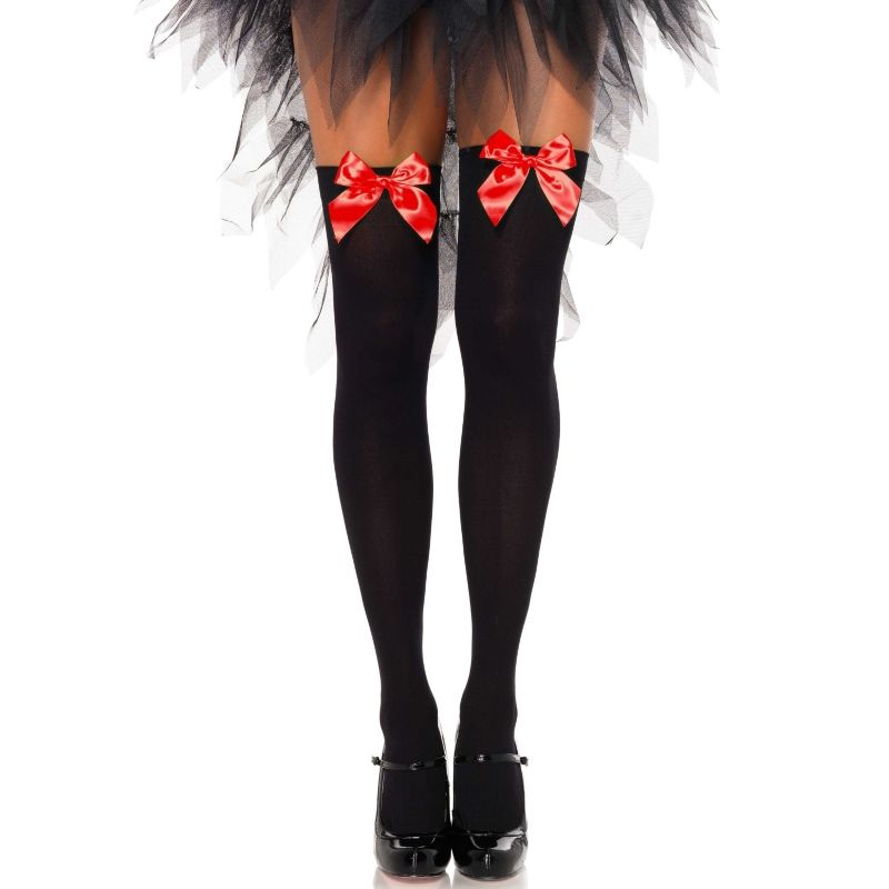 LEG AVENUE - BLACK NYLON TIGHTS WITH RED BOW ONE SIZE