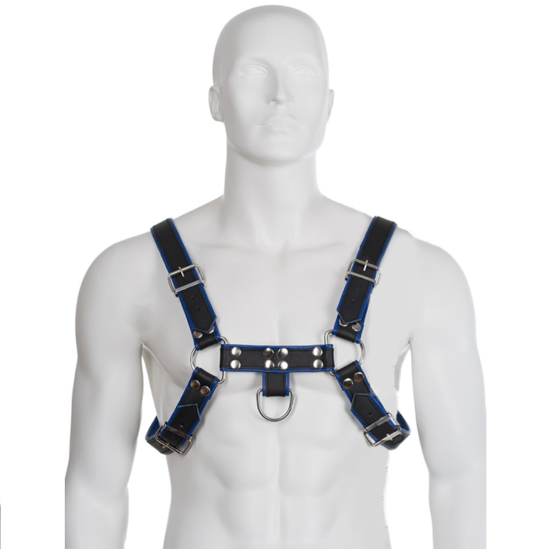 LEATHER BODY - IMBRACATURA IN PELLE BLU E NERA PER BULLDOG - LEATHER BODY | Lingerie Harness Boutique