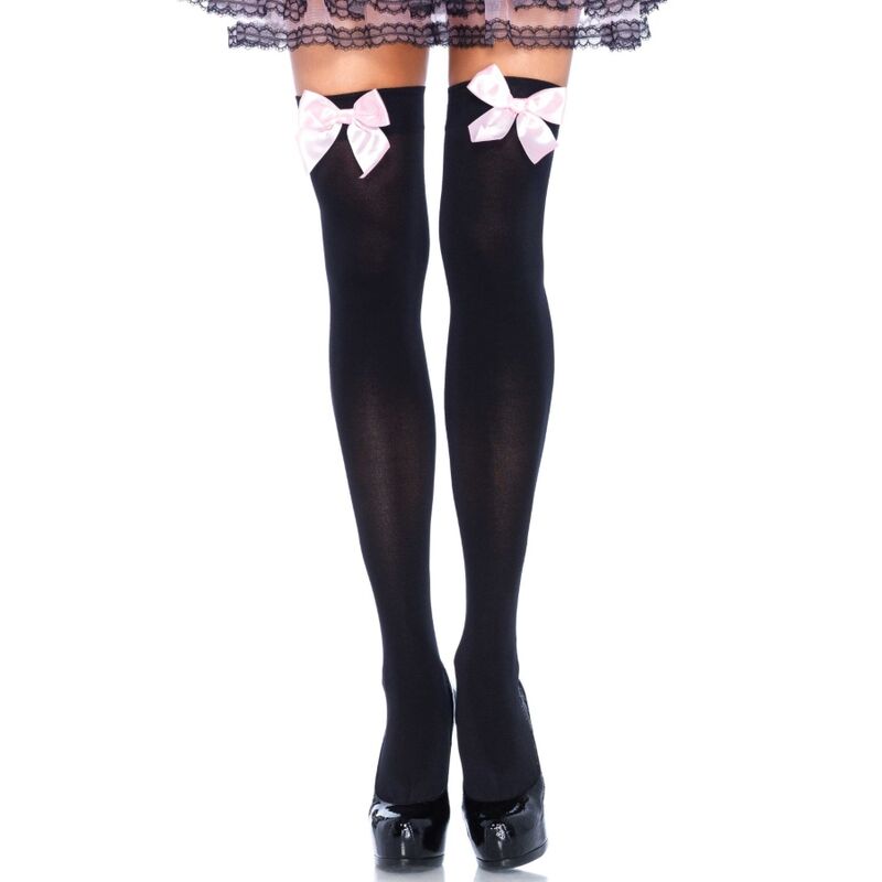LEG AVENUE - CALZANTE IN NYLON NERO CON FIOCCO ROSA TAGLIA UNICA - LEG AVENUE HOSIERY | Lingerie Harness Boutique