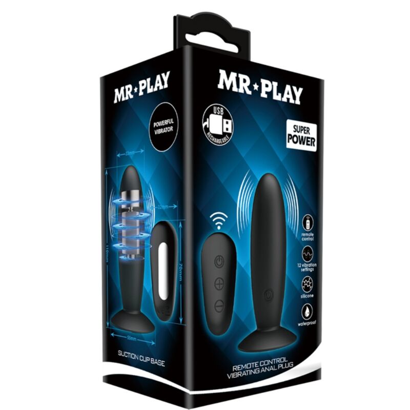 MR PLAY - PLUG ANALE CON TELECOMANDO VIBRAZIONE NERO - MR PLAY | Lingerie Harness Boutique