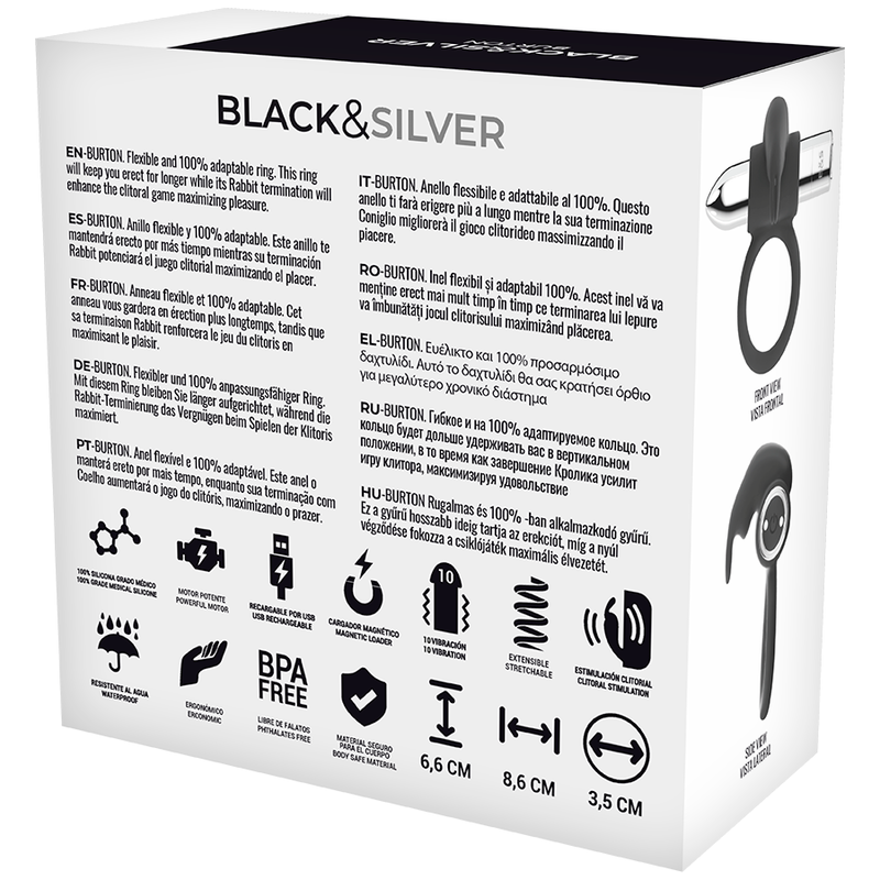 BLACK&SILVER - ANELLO RICARICABILE BURTON 10 MODALITÀ DI VIBRAZIONE - BLACK&SILVER | Lingerie Harness Boutique